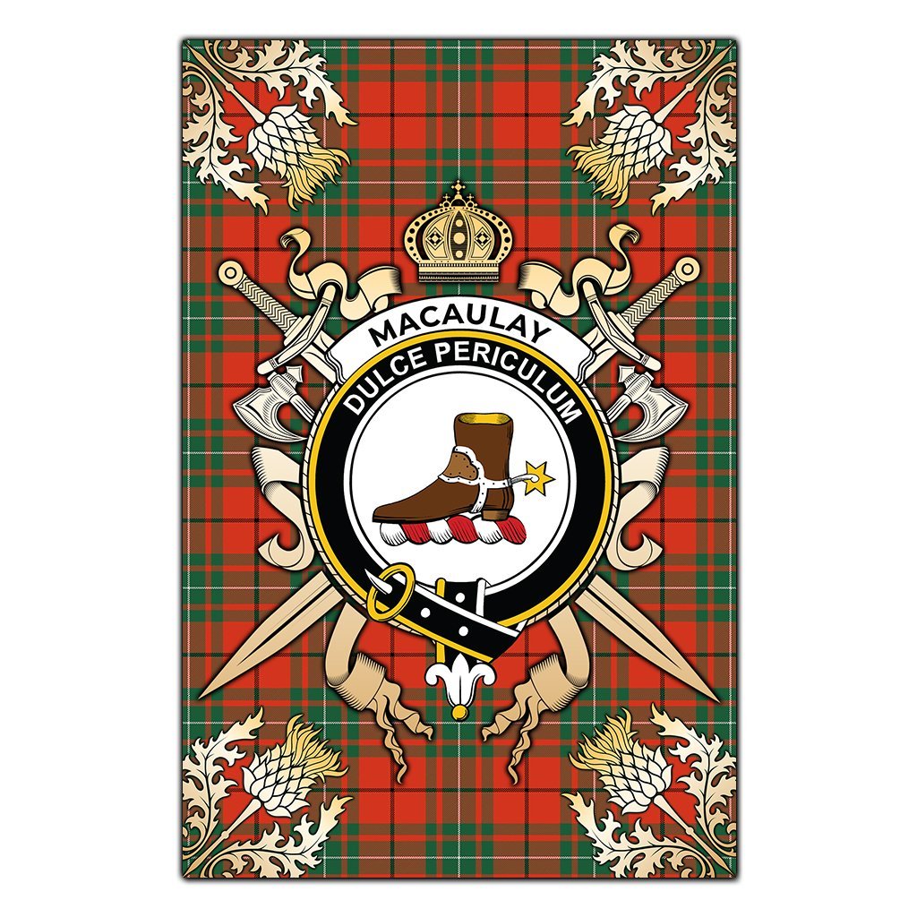 Clan MacAulay Ancient Tartan Crest Black Garden Flag  - Gold Thistle  NC34 Clan MacAulay Tartan Today   