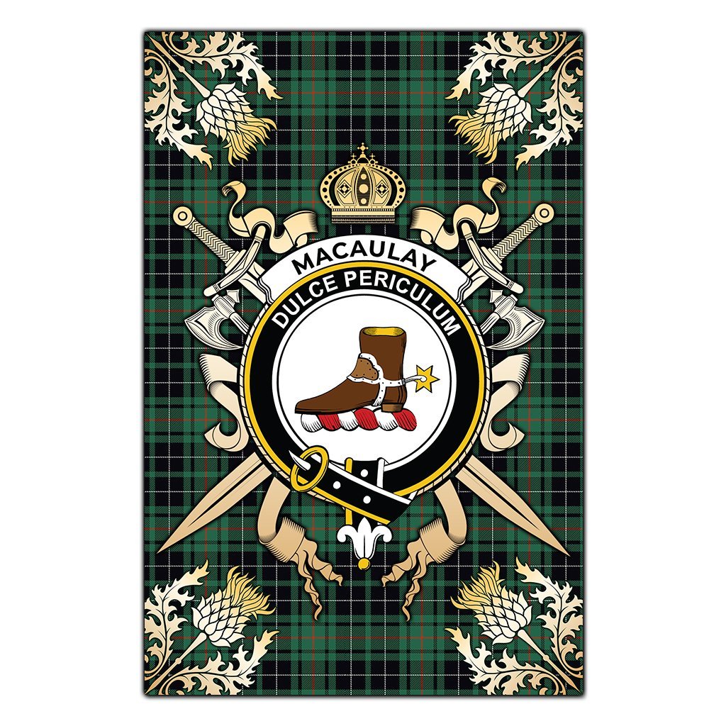 Clan MacAulay Hunting Ancient Tartan Crest Black Garden Flag  - Gold Thistle  MU10 Clan MacAulay Tartan Today   