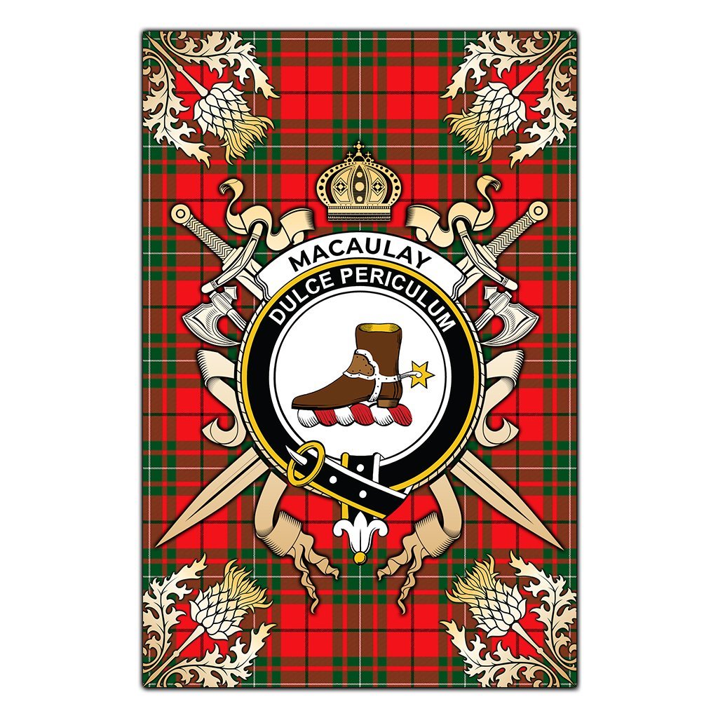 Clan MacAulay Modern Tartan Crest Black Garden Flag  - Gold Thistle  SQ27 Clan MacAulay Tartan Today   