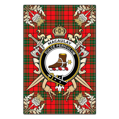 Clan MacAulay Modern Tartan Crest Black Garden Flag - Gold Thistle SQ27
