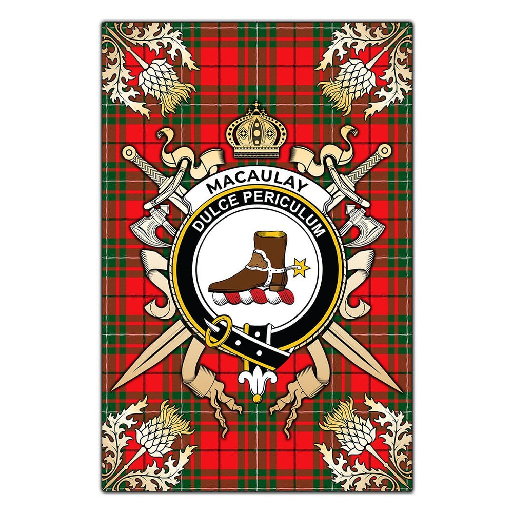 Clan MacAulay Modern Tartan Crest Black Garden Flag  - Gold Thistle  SQ27 Clan MacAulay Tartan Today   