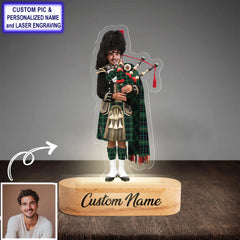 Custom Bagpipe MacAulay Hunting Ancient Tartan LED Night Light - Personalized Scottish Bagpiper Figurine with Wooden Stand