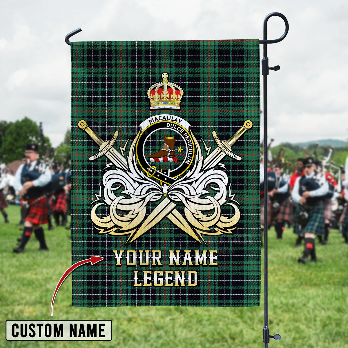 Personalized Custom Name Clan MacAulay Hunting Ancient Tartan Garden Flag with Clan Crest and the Golden Sword of Courageous Legacy ZR36 - MacAulay Hunting Ancient Tartan Design, Scottish Heritage Gift