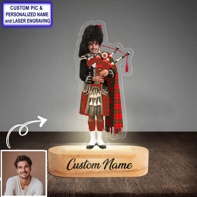 Custom Bagpipe MacAulay Modern Tartan LED Night Light - Personalized Scottish Bagpiper Figurine with Wooden Stand