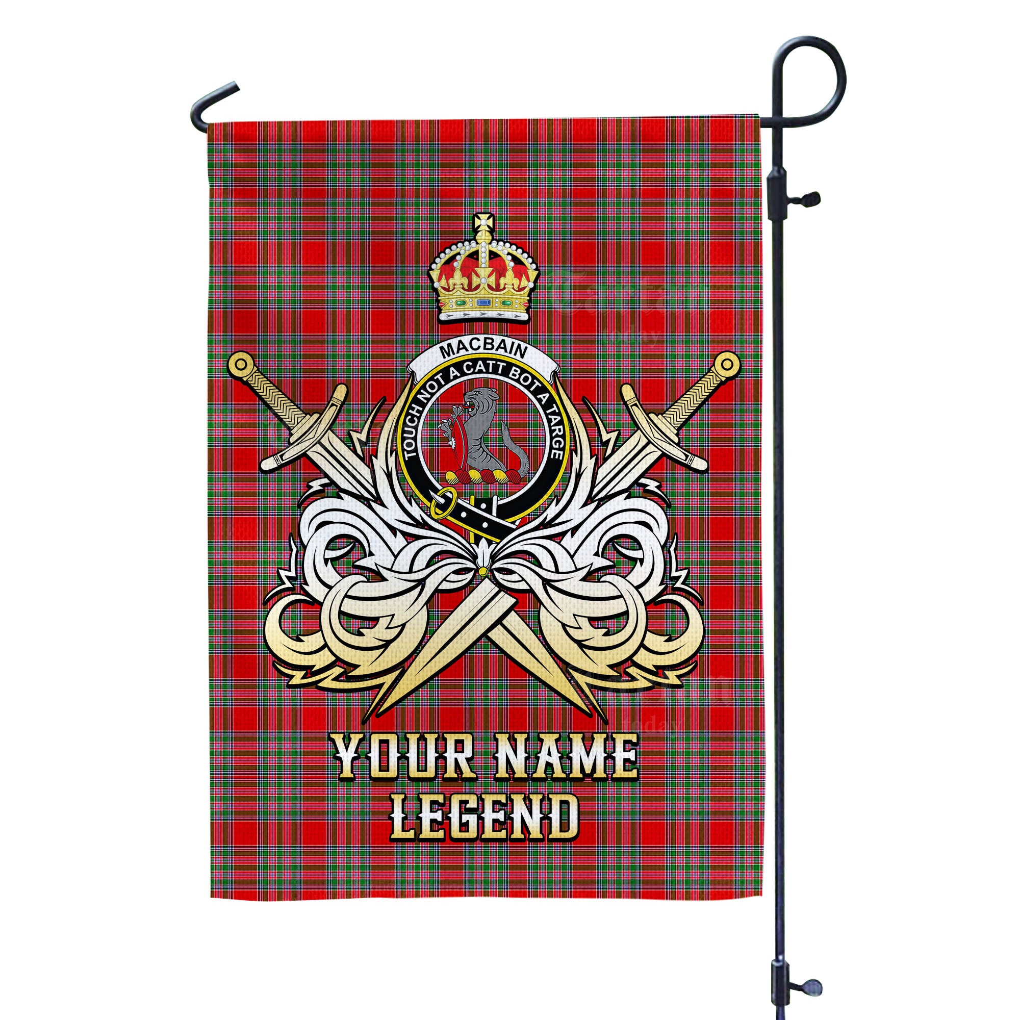 Custom Name Clan MacBain Tartan Garden Flag with Clan Crest and the Golden Sword of Courageous Legacy PS25