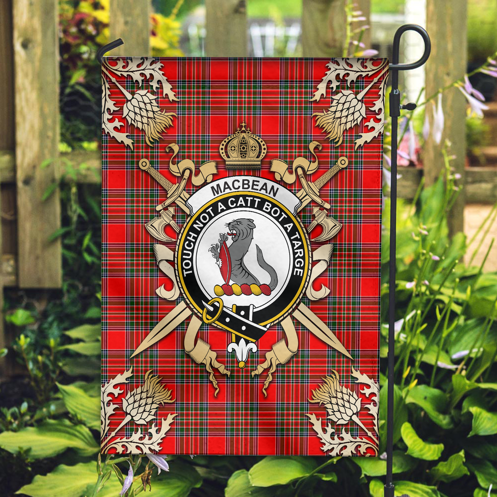 Clan MacBean Tartan Crest Black Garden Flag  - Gold Thistle  EL20 Clan MacBean Tartan Today   