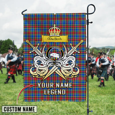 Custom Name Clan MacBeth Modern Tartan Garden Flag with Clan Crest and the Golden Sword of Courageous Legacy