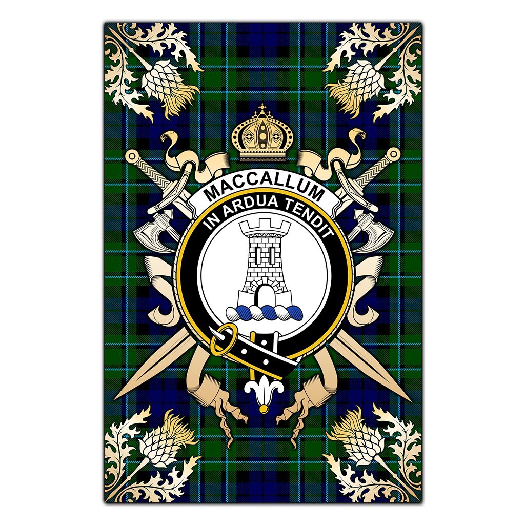 Clan MacCallum Modern Tartan Crest Black Garden Flag  - Gold Thistle  CH95 Clan MacCallum Tartan Today   