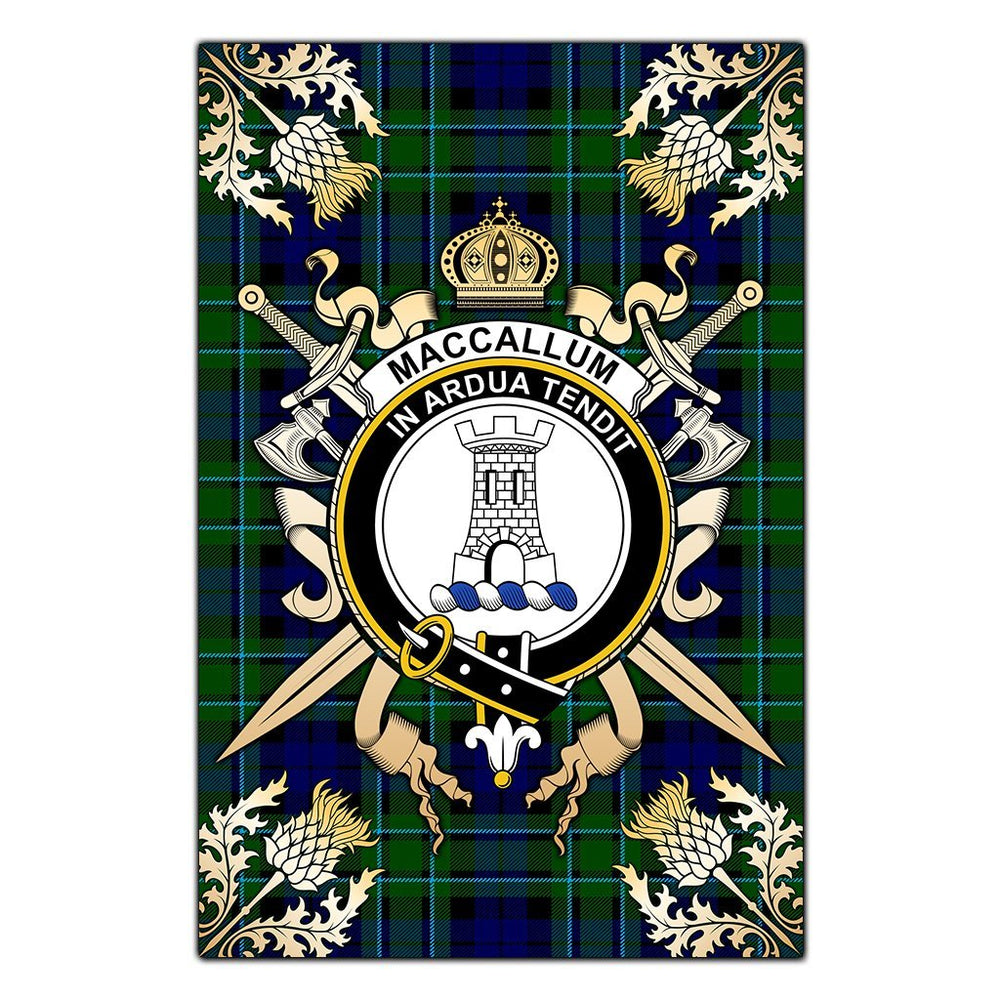 Clan MacCallum Modern Tartan Crest Black Garden Flag  - Gold Thistle  CH95 Clan MacCallum Tartan Today   