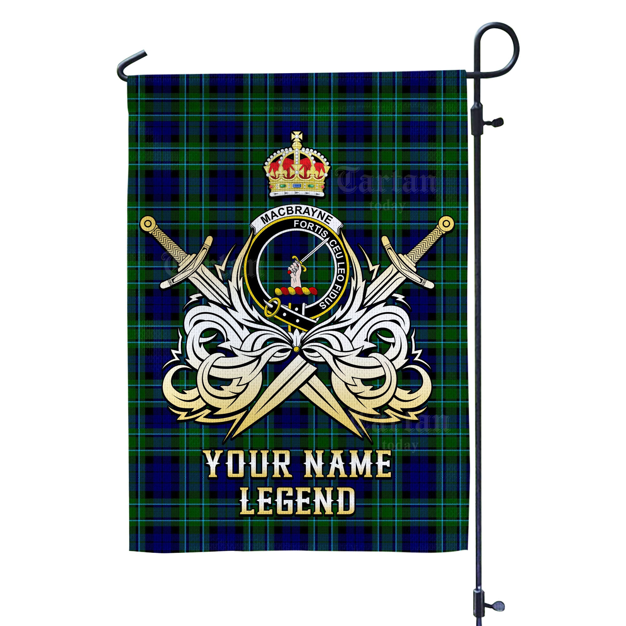 Custom Name Clan MacCallum Modern Tartan Garden Flag with Clan Crest and the Golden Sword of Courageous Legacy KV54