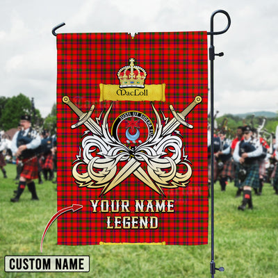 Custom Name Clan MacColl Modern Tartan Garden Flag with Clan Crest and the Golden Sword of Courageous Legacy