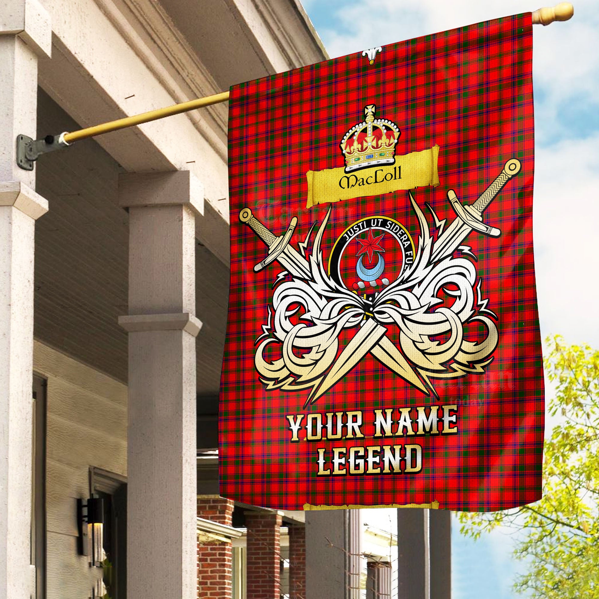 Custom Name Clan MacColl Modern Tartan Garden Flag with Clan Crest and the Golden Sword of Courageous Legacy DF31