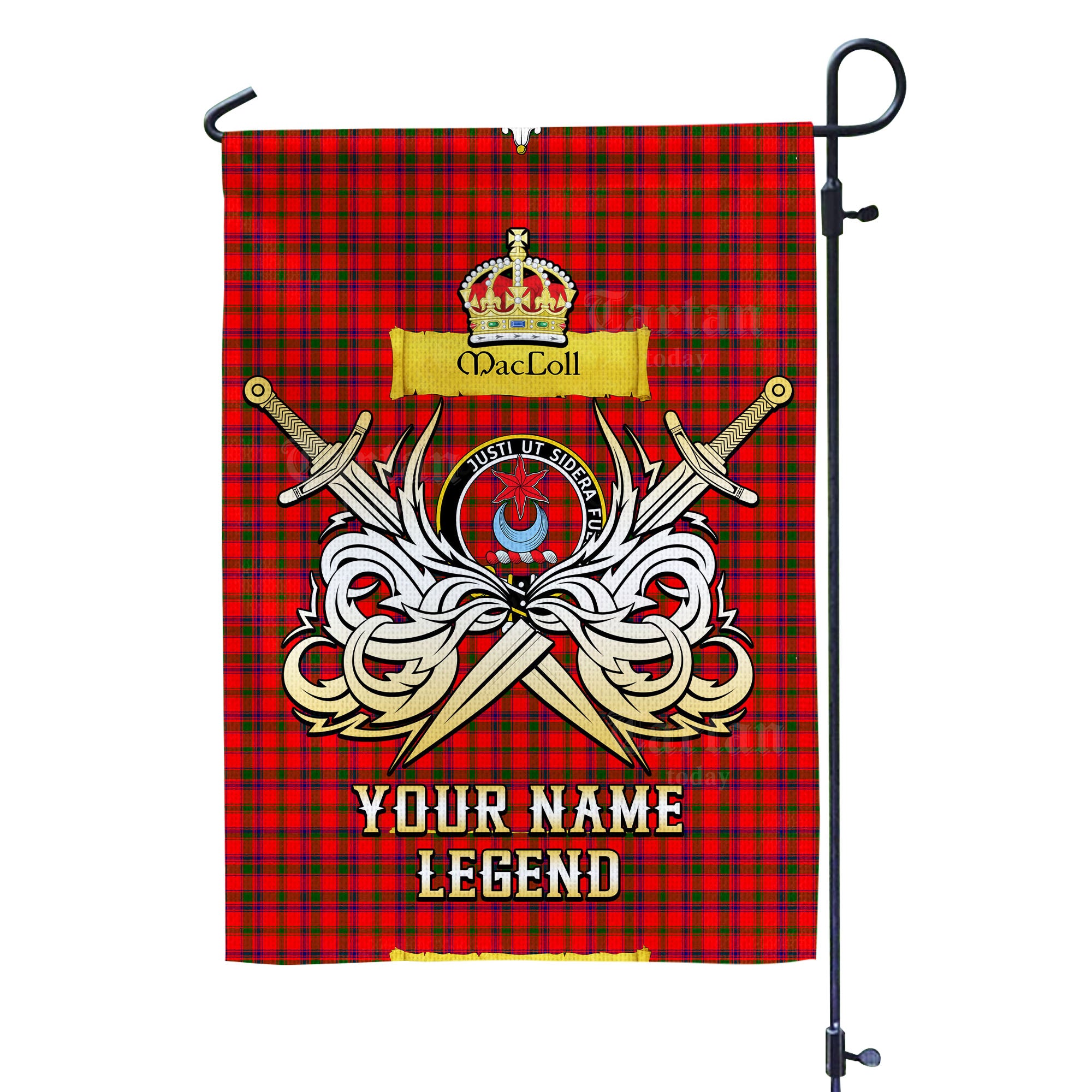 Custom Name Clan MacColl Modern Tartan Garden Flag with Clan Crest and the Golden Sword of Courageous Legacy DF31