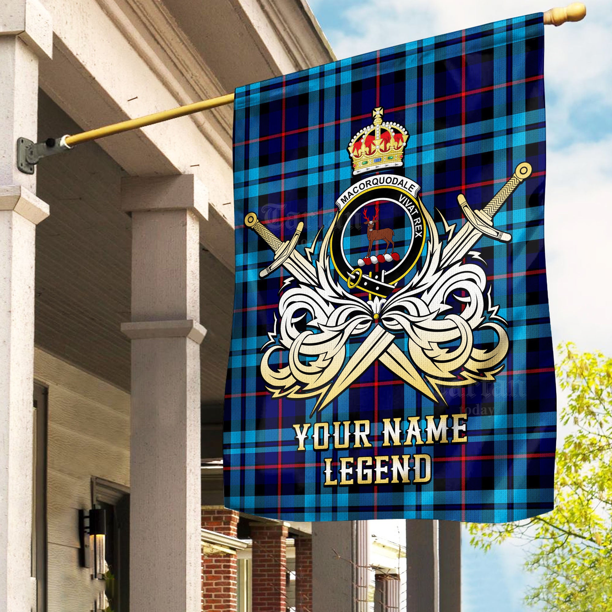 Custom Name Clan MacCorquodale Tartan Garden Flag with Clan Crest and the Golden Sword of Courageous Legacy DW11