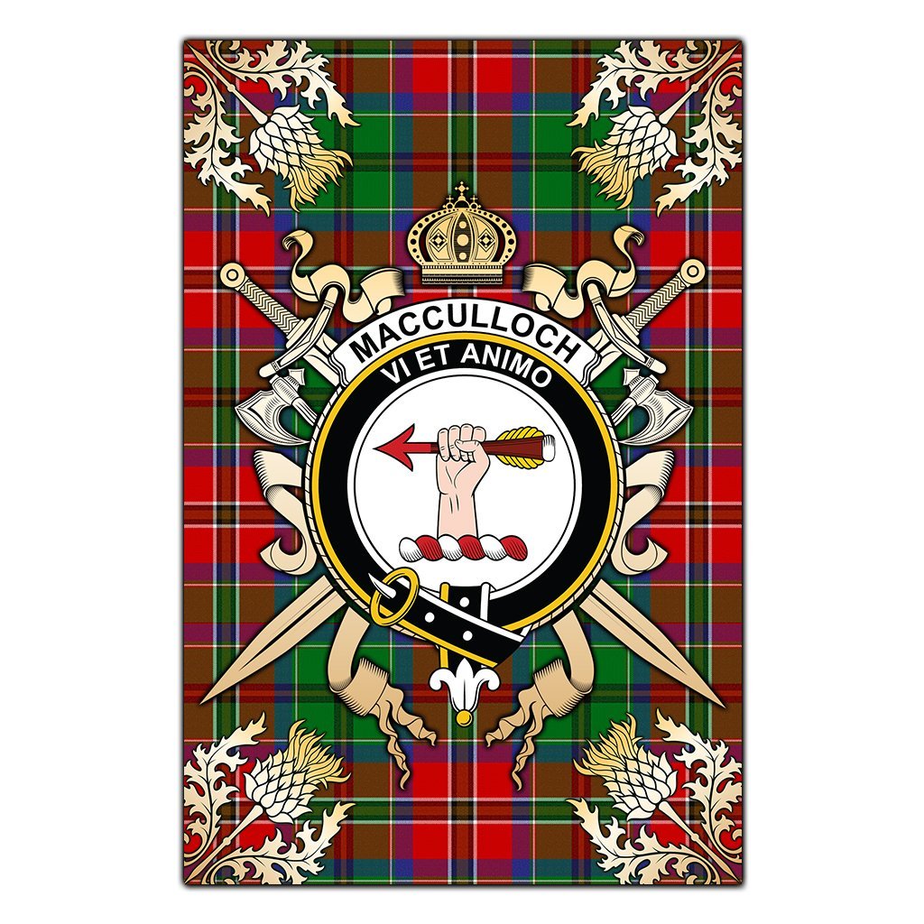 Clan MacCulloch Tartan Crest Black Garden Flag  - Gold Thistle  AE10 Clan Garden Tartan Today   