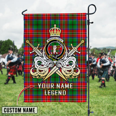 Custom Name Clan MacCulloch Tartan Garden Flag with Clan Crest and the Golden Sword of Courageous Legacy