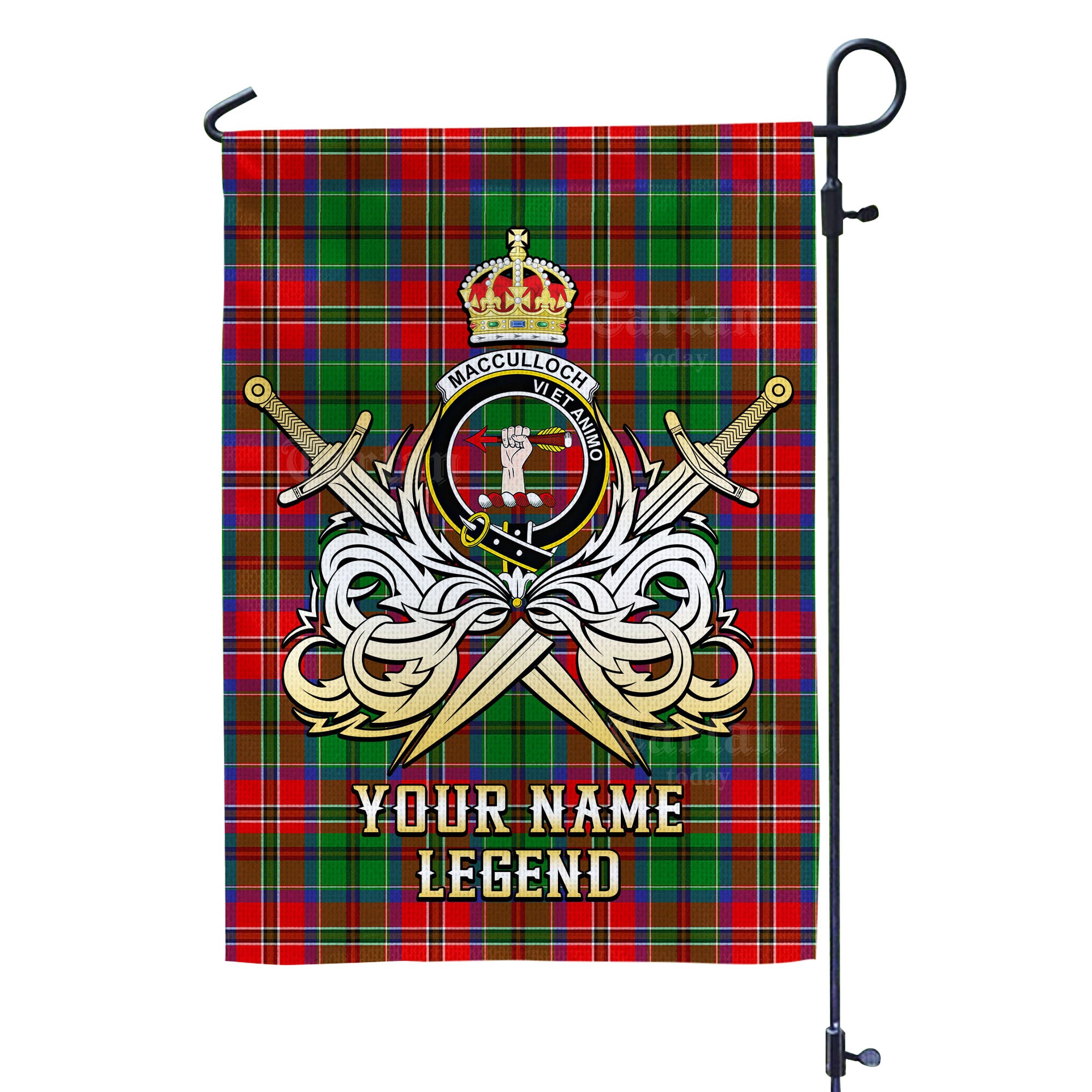 Custom Name Clan MacCulloch Tartan Garden Flag with Clan Crest and the Golden Sword of Courageous Legacy TS29