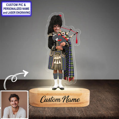 Custom Bagpipe MacDonald Ancient Tartan LED Night Light - Personalized Scottish Bagpiper Figurine with Wooden Stand