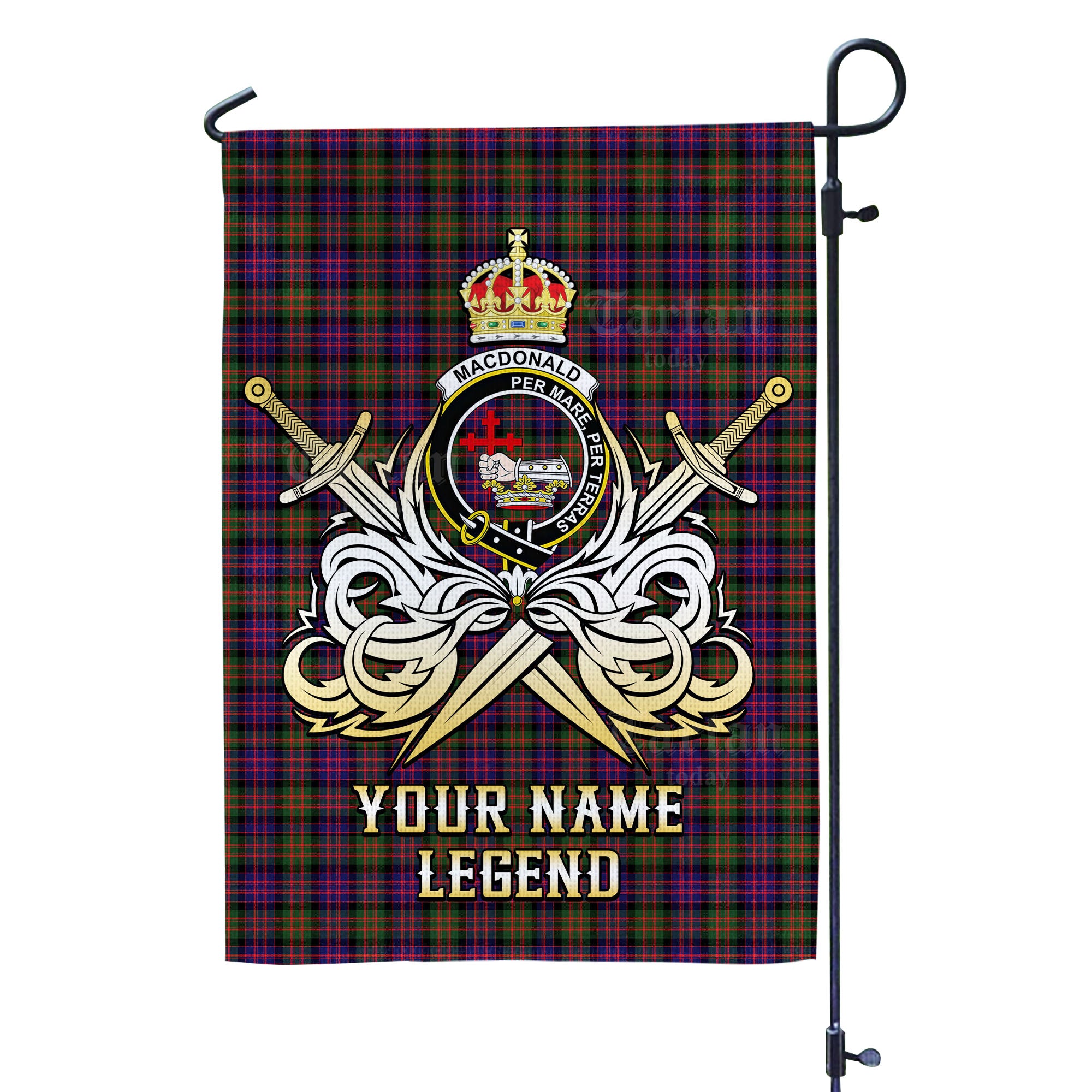 Custom Name Clan MacDonald Modern Tartan Garden Flag with Clan Crest and the Golden Sword of Courageous Legacy YA96