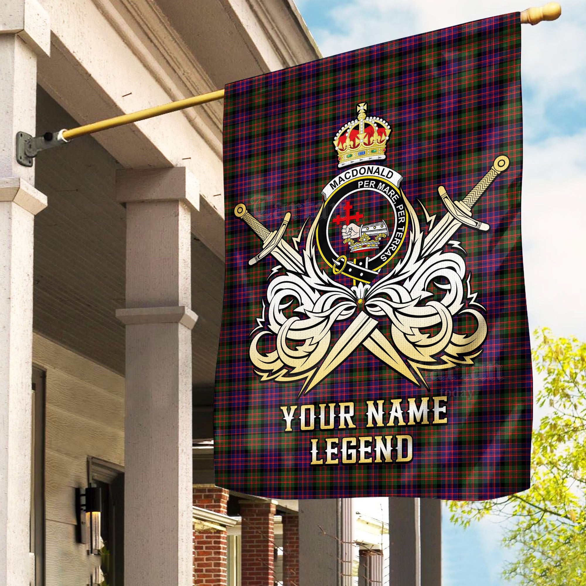 Custom Name Clan MacDonald Modern Tartan Garden Flag with Clan Crest and the Golden Sword of Courageous Legacy YA96