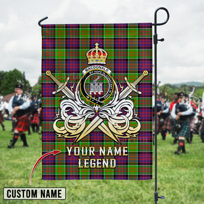 Custom Name Clan MacDonald of Clanranald Tartan Garden Flag with Clan Crest and the Golden Sword of Courageous Legacy