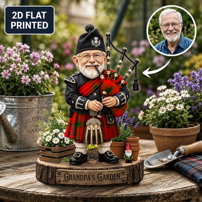 Personalized MacDonald of Sleat Clan Bagpipe Garden Gnome Caricature Plaque Custom Photo, Any Clan Tartan, Wood or Acrylic, Grandpa & Dad Gift, Scottish Highland Garden Decor YL51