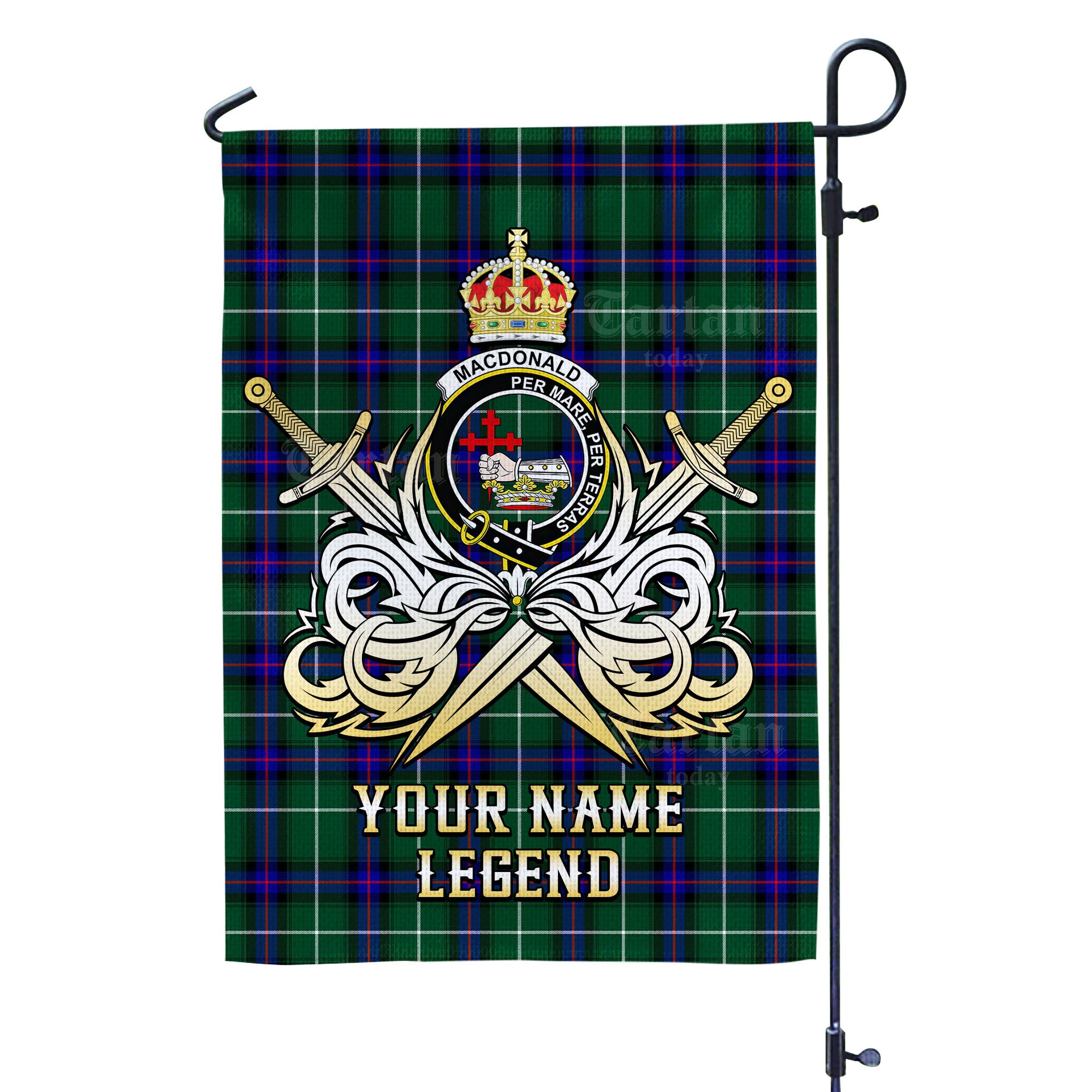 Custom Name Clan MacDonald of the Isles Hunting Modern Tartan Garden Flag with Clan Crest and the Golden Sword of Courageous Legacy VW59