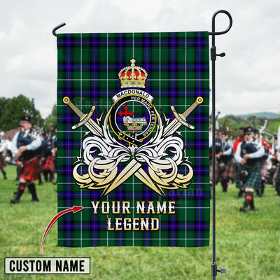 Custom Name Clan MacDonald of the Isles Hunting Modern Tartan Garden Flag with Clan Crest and the Golden Sword of Courageous Legacy