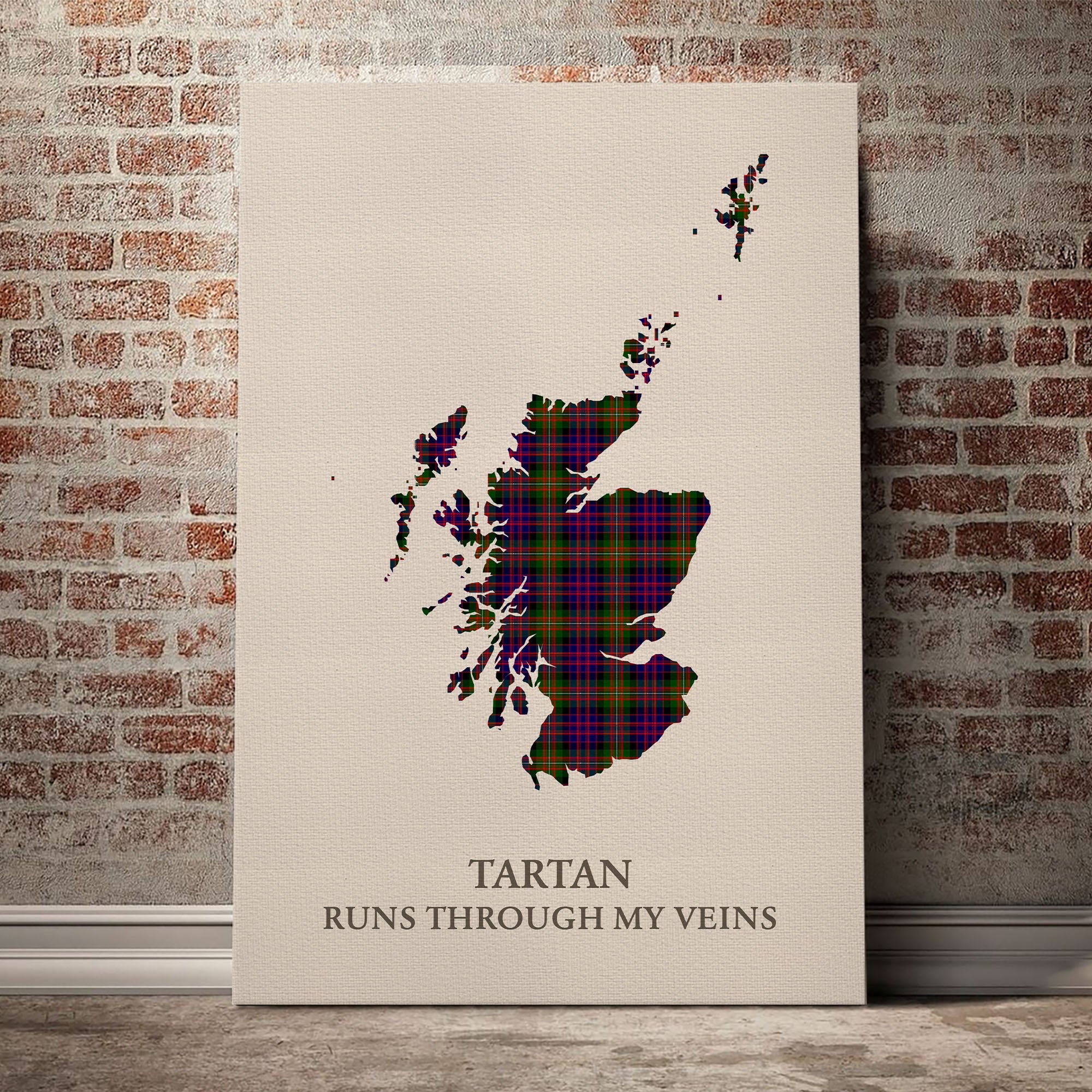 MacDonnell of Glengarry Modern Tartan Scotland Map Canvas – “Tartan Runs Through My Veins” Wall Art