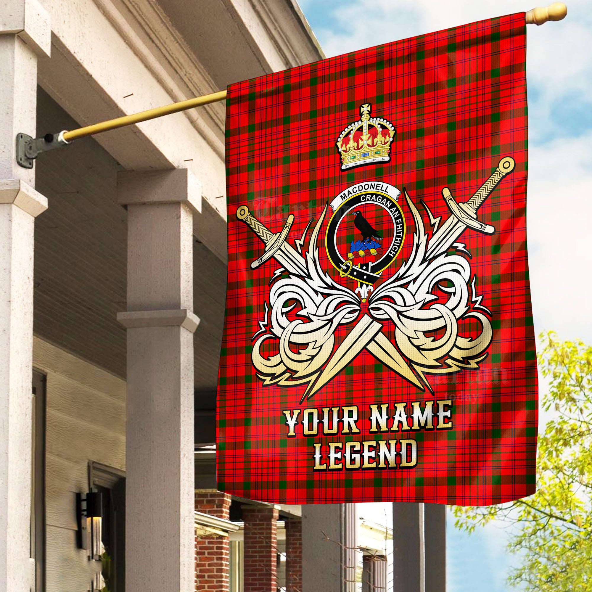 Custom Name Clan MacDonnell of Keppoch Modern Tartan Garden Flag with Clan Crest and the Golden Sword of Courageous Legacy BJ35