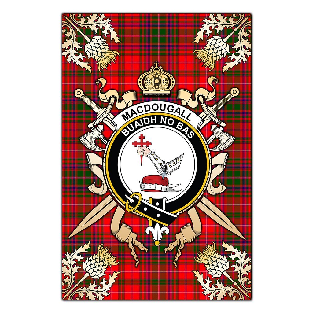 Clan MacDougall Modern Tartan Crest Black Garden Flag  - Gold Thistle  KF19 Clan MacDougall Tartan Today   