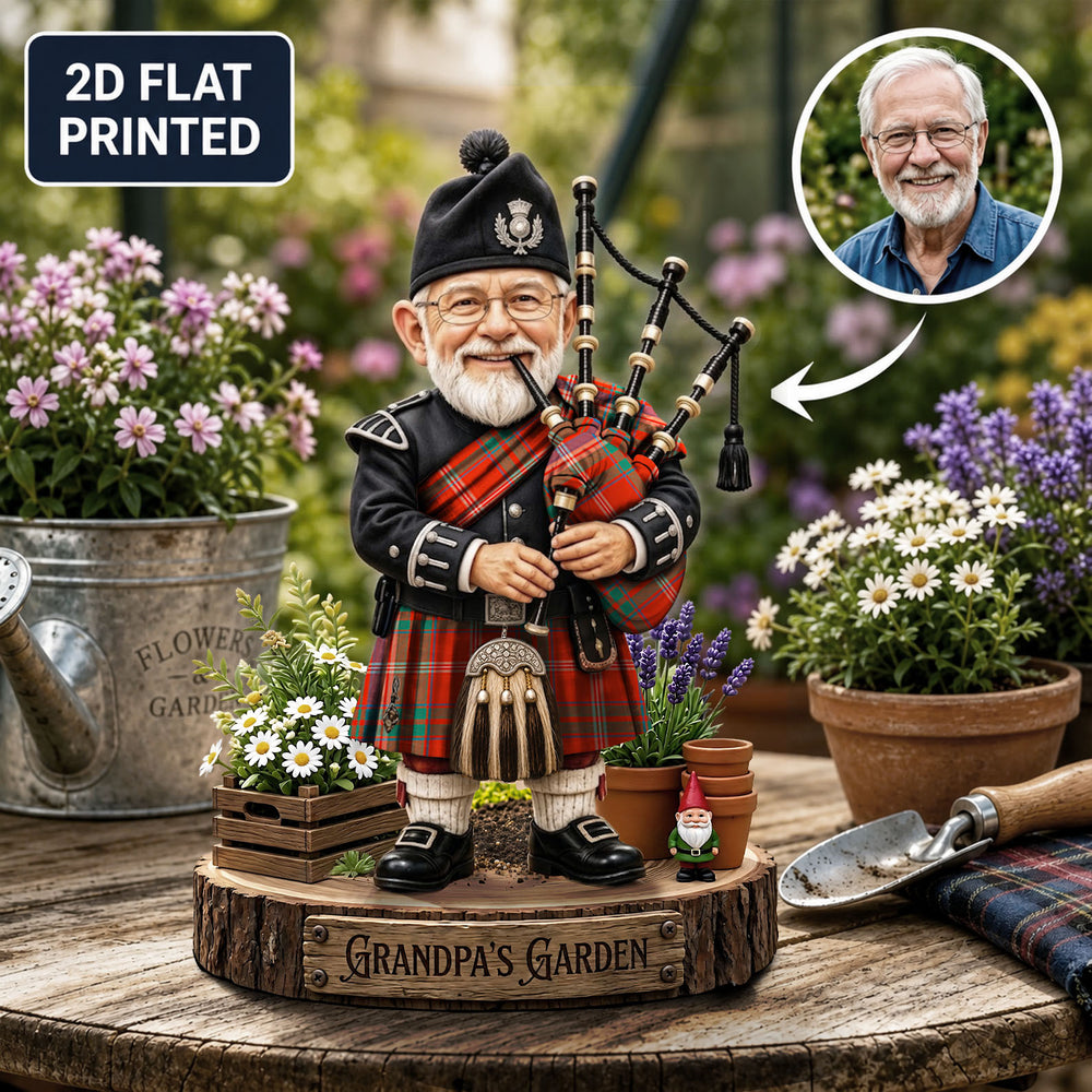 Personalized MacDougall Ancient Clan Bagpipe Garden Gnome Caricature Plaque Custom Photo, Any Clan Tartan, Wood or Acrylic, Grandpa & Dad Gift, Scottish Highland Garden Decor UK82