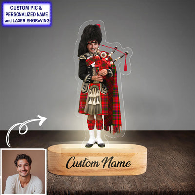 Custom Bagpipe MacDougall Modern Tartan LED Night Light - Personalized Scottish Bagpiper Figurine with Wooden Stand CL33