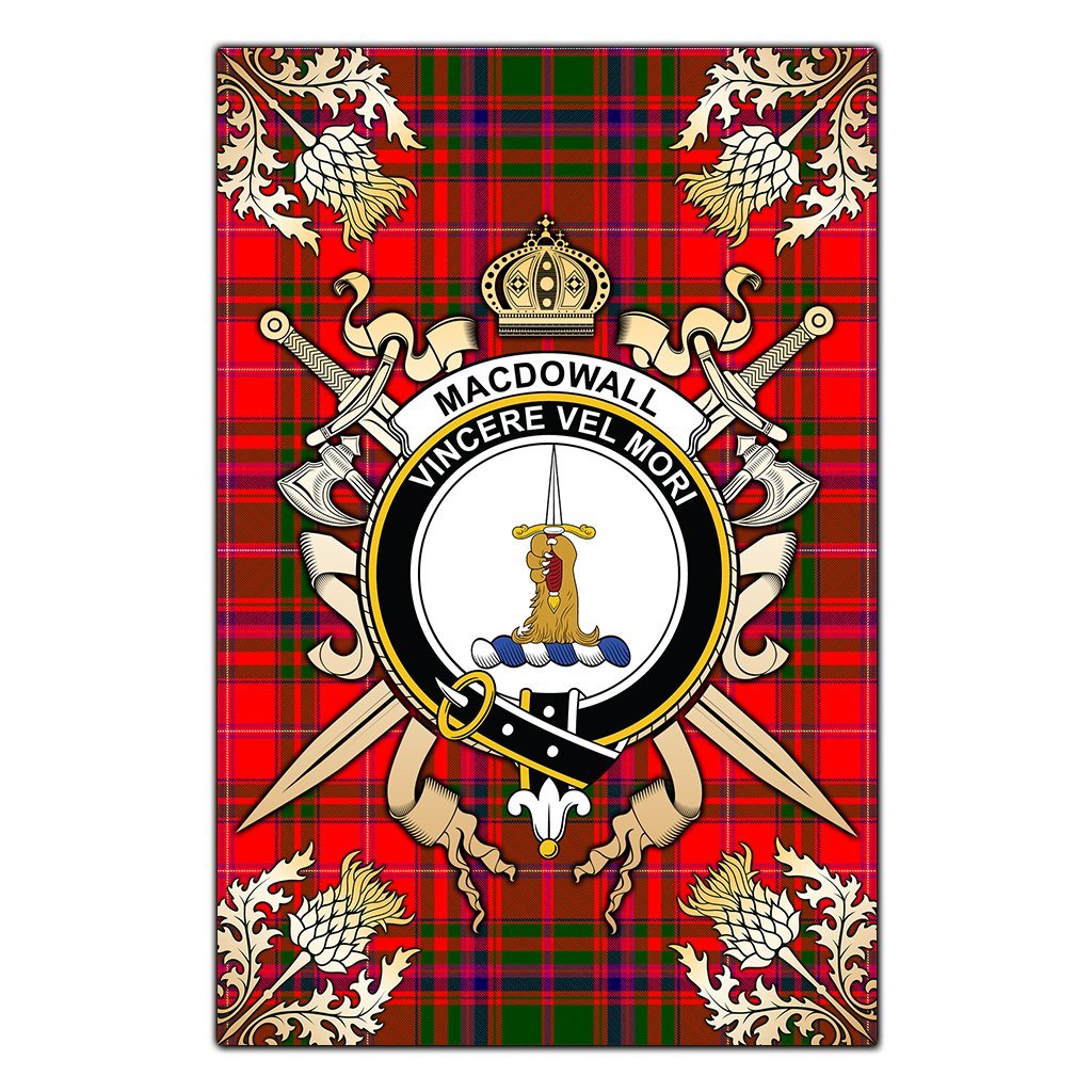 Clan MacDowall Tartan Crest Black Garden Flag  - Gold Thistle  DA94 Clan MacDowall Tartan Today   