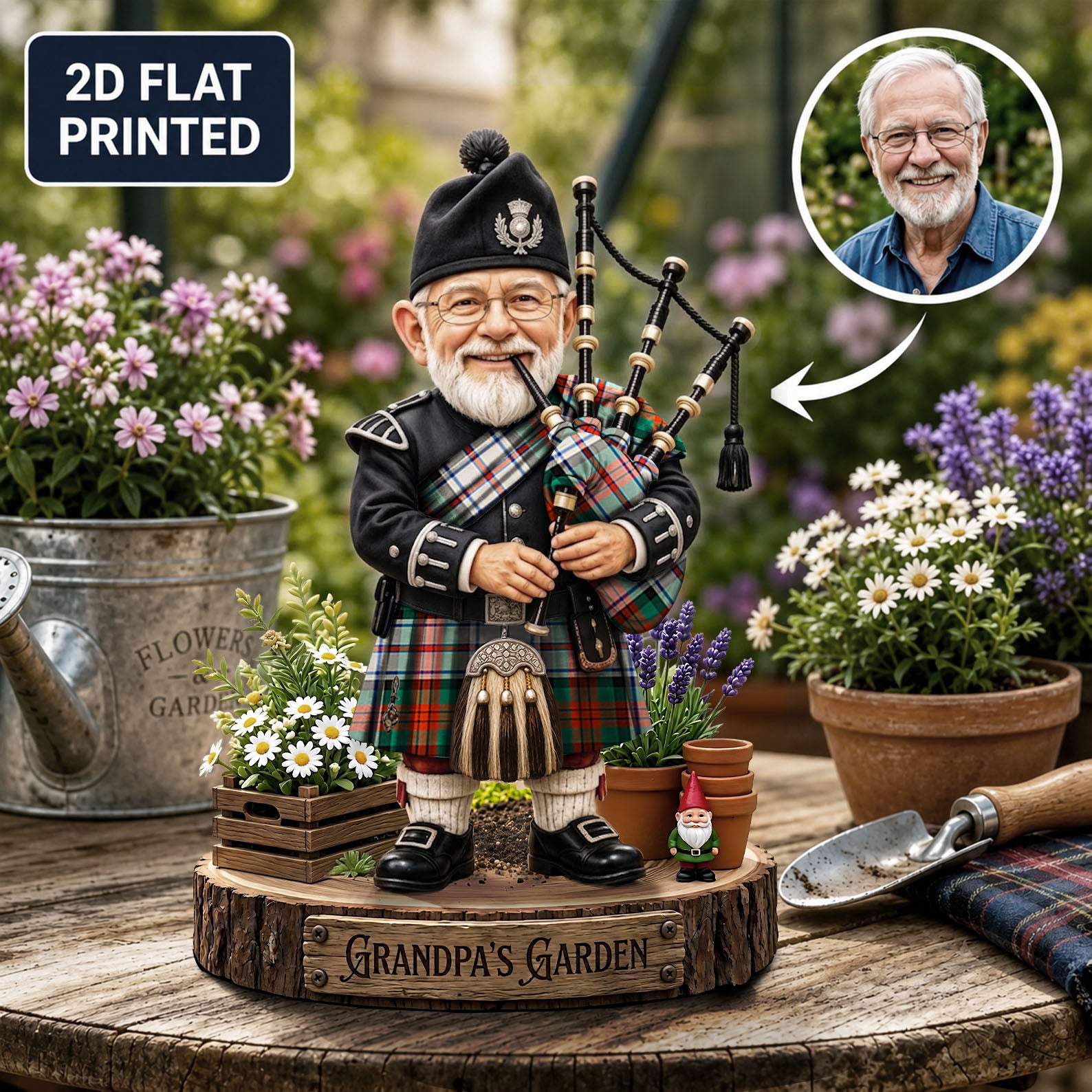 Personalized MacDuff Dress Ancient Clan Bagpipe Garden Gnome Caricature Plaque Custom Photo, Any Clan Tartan, Wood or Acrylic, Grandpa & Dad Gift, Scottish Highland Garden Decor JU11