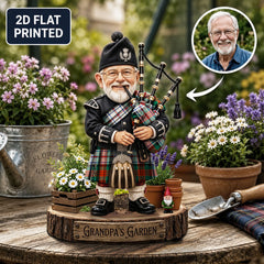 Personalized MacDuff Dress Ancient Clan Bagpipe Garden Gnome Caricature Plaque Custom Photo, Any Clan Tartan, Wood or Acrylic, Grandpa & Dad Gift, Scottish Highland Garden Decor JU11