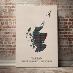 MacDuff Hunting Ancient Tartan Scotland Map Canvas – “Tartan Runs Through My Veins” Wall Art