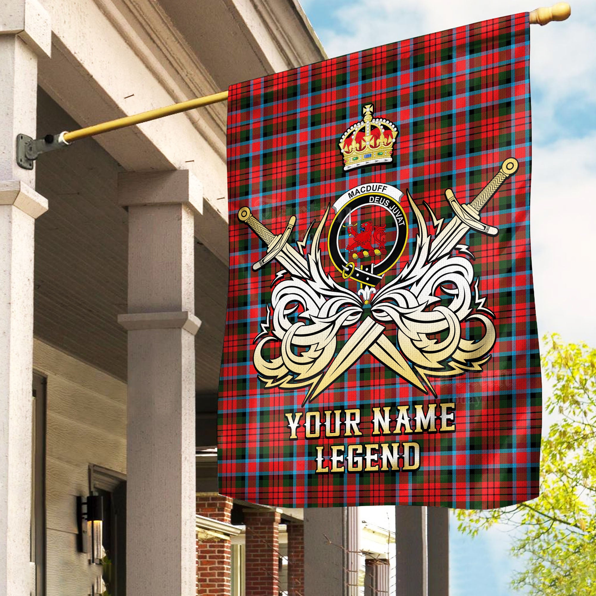 Custom Name Clan MacDuff Modern Tartan Garden Flag with Clan Crest and the Golden Sword of Courageous Legacy MJ66