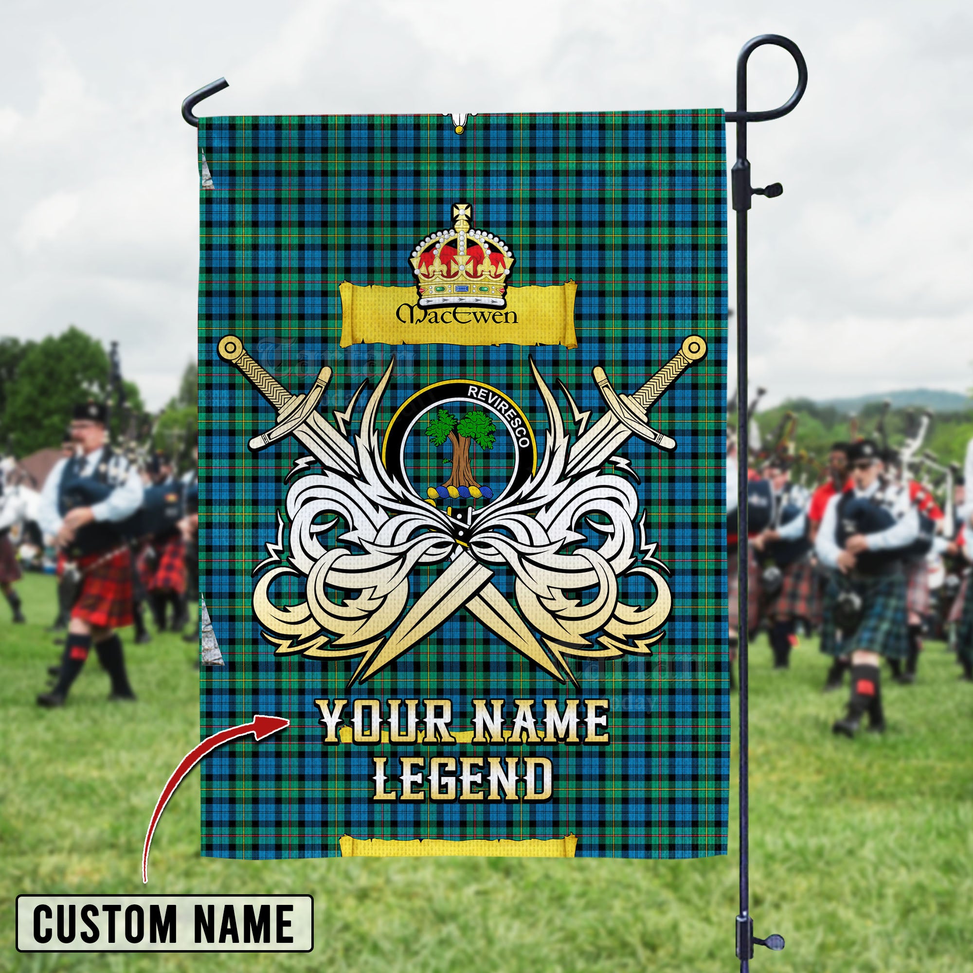Personalized Custom Name Clan MacEwen Ancient Tartan Garden Flag with Clan Crest and the Golden Sword of Courageous Legacy GB56 - MacEwen Ancient Tartan Design, Scottish Heritage Gift