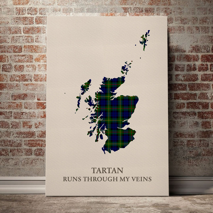 MacEwen Modern Tartan Scotland Map Canvas – “Tartan Runs Through My Veins” Wall Art