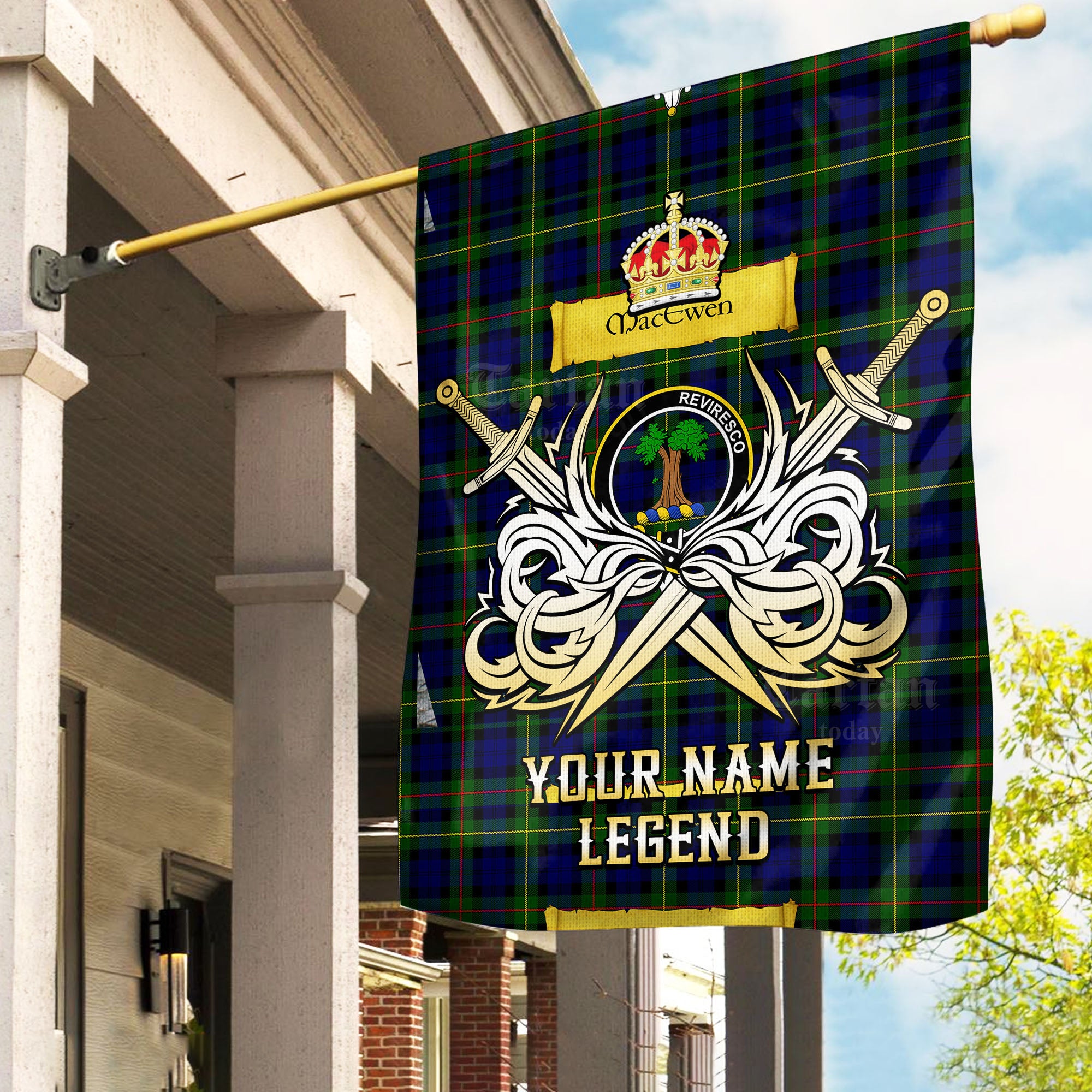 Custom Name Clan MacEwen Modern Tartan Garden Flag with Clan Crest and the Golden Sword of Courageous Legacy VY82