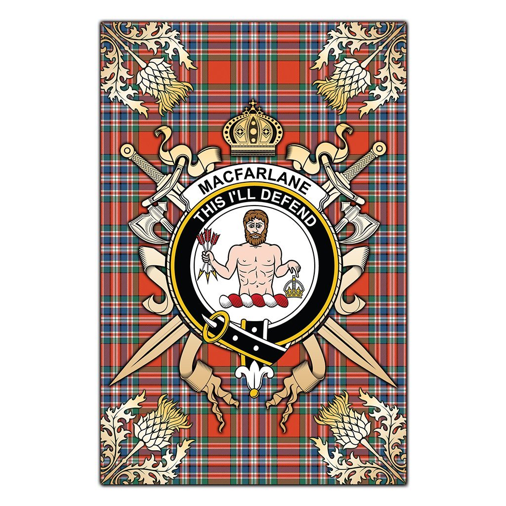 Clan MacFarlane Ancient Tartan Crest Black Garden Flag  - Gold Thistle  HP67 Clan MacFarlane Tartan Today   