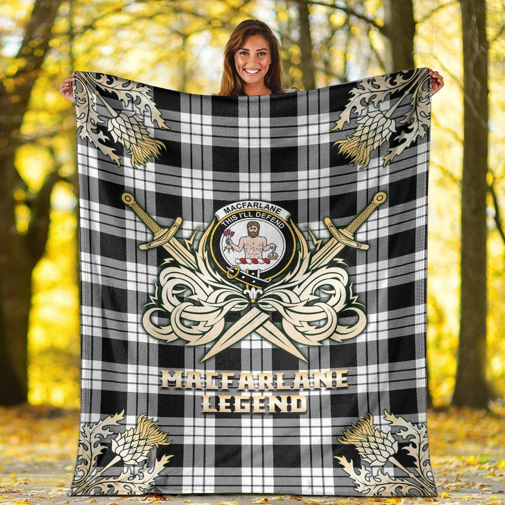 Clan MacFarlane Black  & White Tartan Gold Courage Symbol Blanket WI79 Clan MacFarlane Tartan Today   
