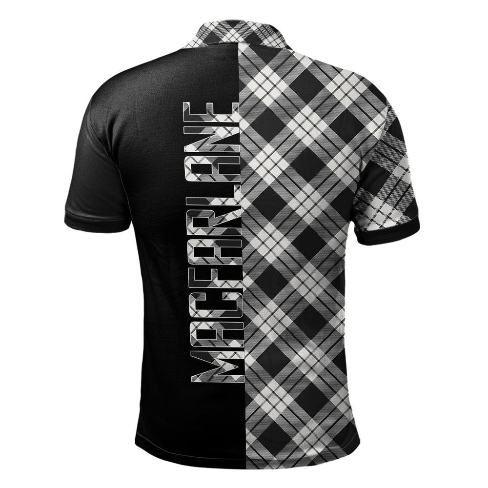 Clan MacFarlane Black _ White Ancient Tartan Polo Shirt Half of Me - Cross Style GJ42 MacFarlane Black _ White Ancient Tartan Tartan Polo   