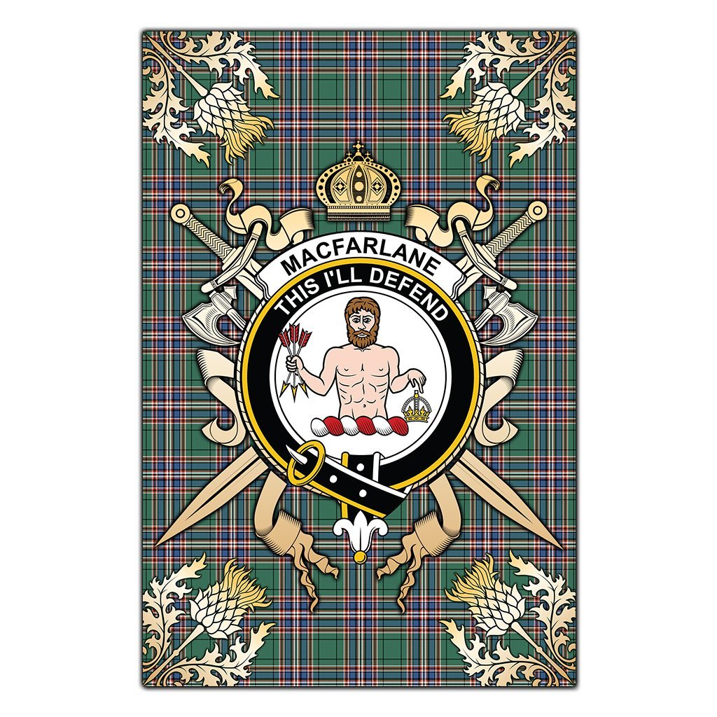 Clan MacFarlane Hunting Ancient Tartan Crest Black Garden Flag  - Gold Thistle  CG44 Clan MacFarlane Tartan Today   
