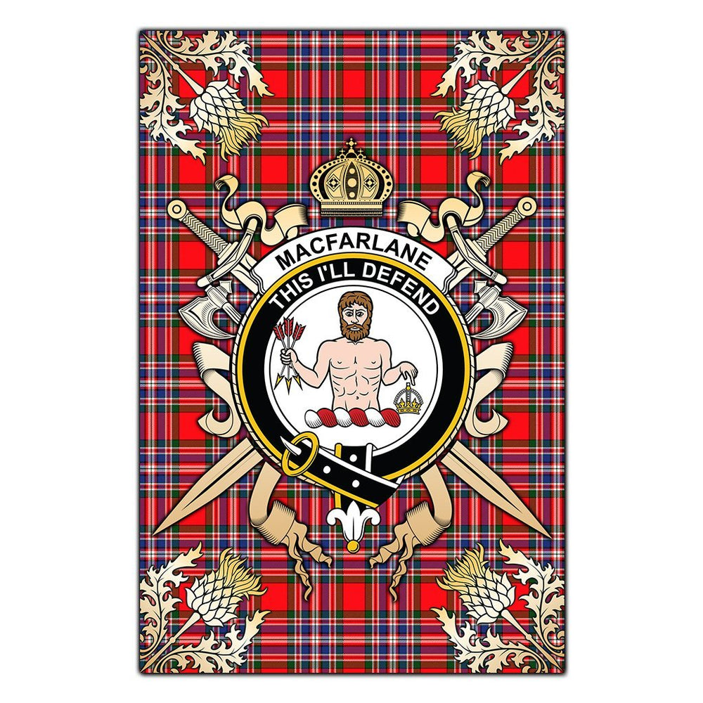 Clan MacFarlane Modern Tartan Crest Black Garden Flag  - Gold Thistle  QL23 Clan MacFarlane Tartan Today   