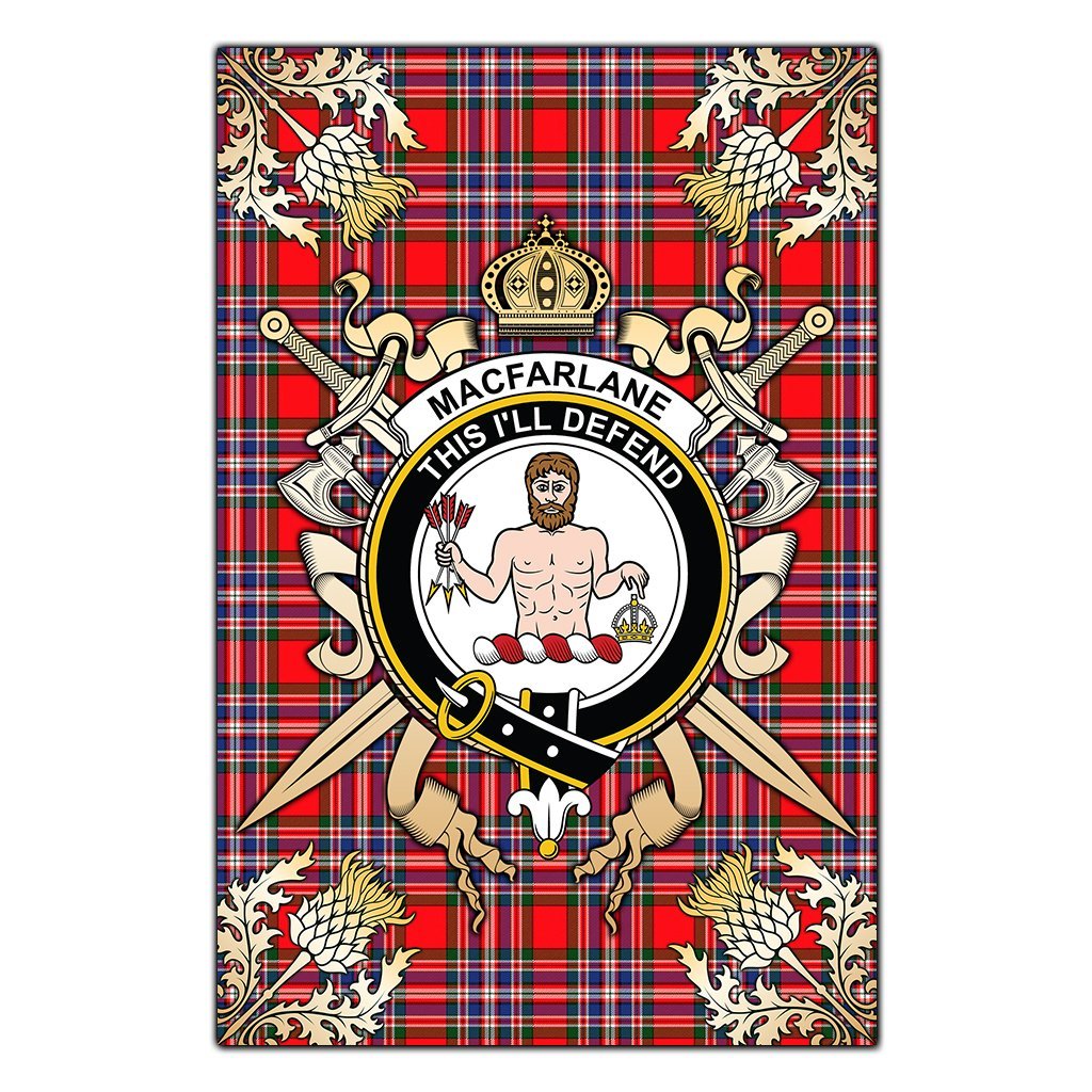 Clan MacFarlane Modern Tartan Crest Black Garden Flag  - Gold Thistle  QL23 Clan MacFarlane Tartan Today   