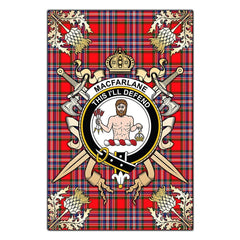 Clan MacFarlane Modern Tartan Crest Black Garden Flag  - Gold Thistle  QL23 Clan MacFarlane Tartan Today   