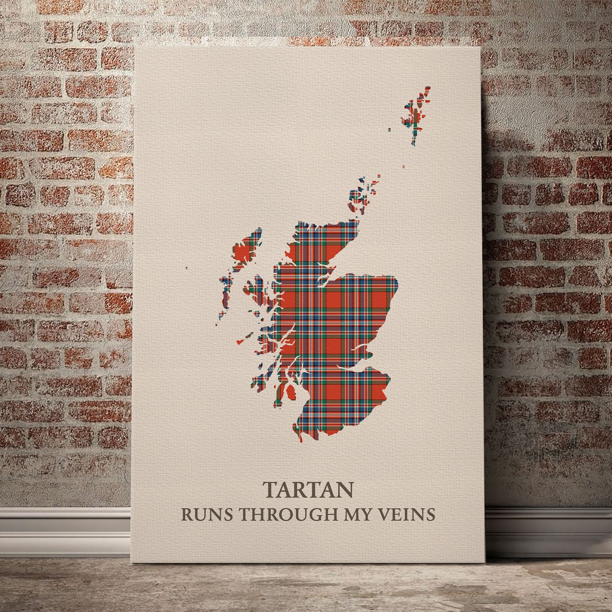 MacFarlane Ancient Tartan Scotland Map Canvas – “Tartan Runs Through My Veins” Wall Art