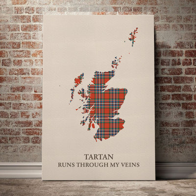 Clan MacFarlane Ancient Tartan Scotland Map Canvas “Tartan Runs Through My Veins” Wall Art QB82